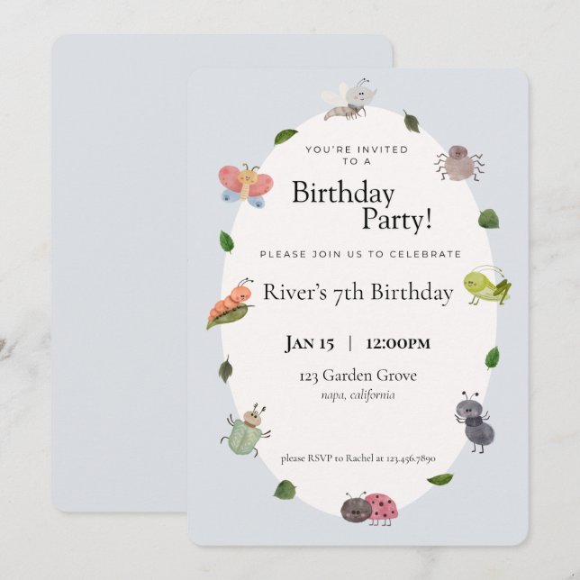 Invitations de fête d'anniversaire de bogues (Devant / Derrière)