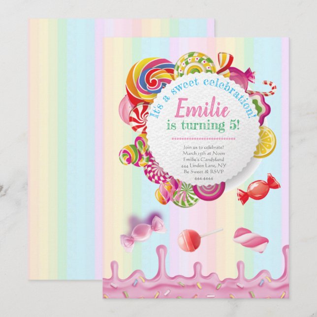 Invitations de fête d'anniversaire de Candyland (Devant / Derrière)