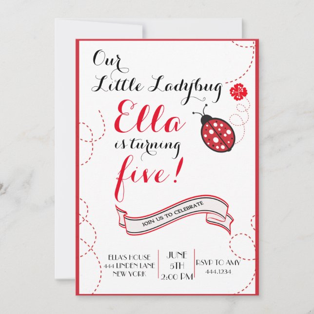 Invitations de fête d'anniversaire de coccinelle (Devant)