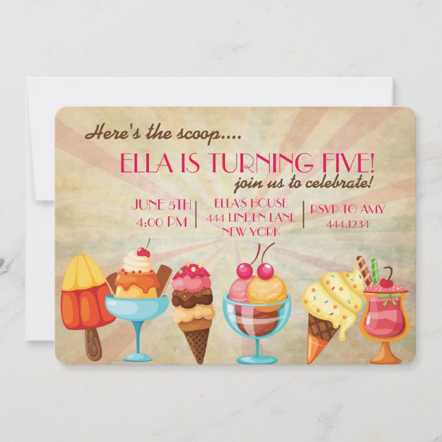 Invitations de fête d'anniversaire de crème glacée (Devant)