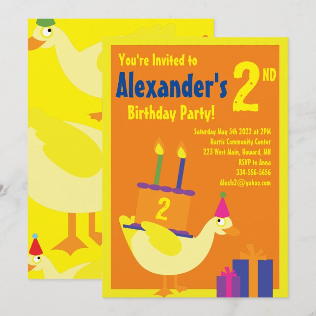 Invitations de fête d'anniversaire de Duck Animal  (Devant / Derrière)