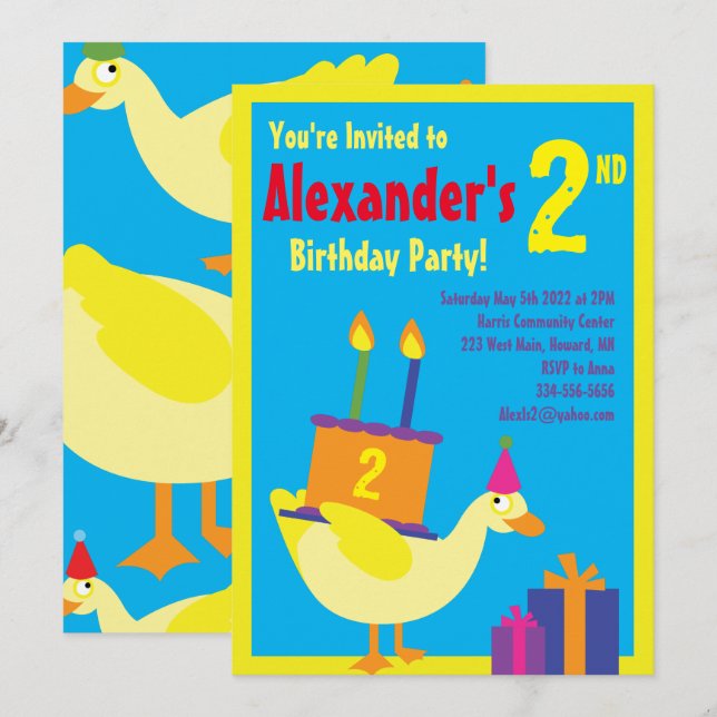 Invitations de fête d'anniversaire de Duck Animal  (Devant / Derrière)
