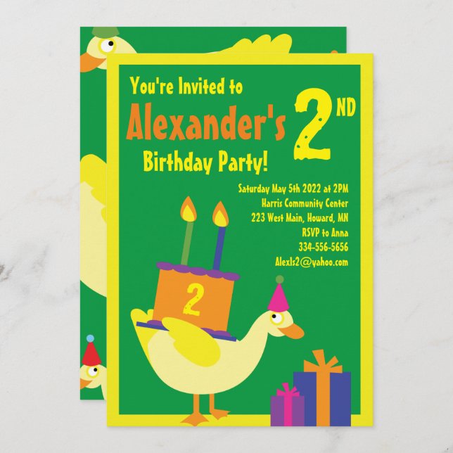 Invitations de fête d'anniversaire de Duck Animal  (Devant / Derrière)
