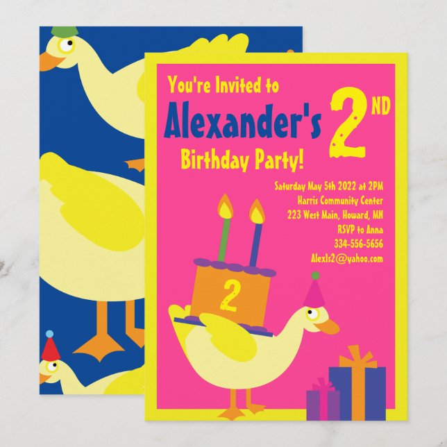 Invitations de fête d'anniversaire de Duck Animal  (Devant / Derrière)