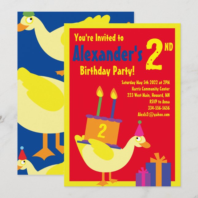 Invitations de fête d'anniversaire de Duck Animal  (Devant / Derrière)
