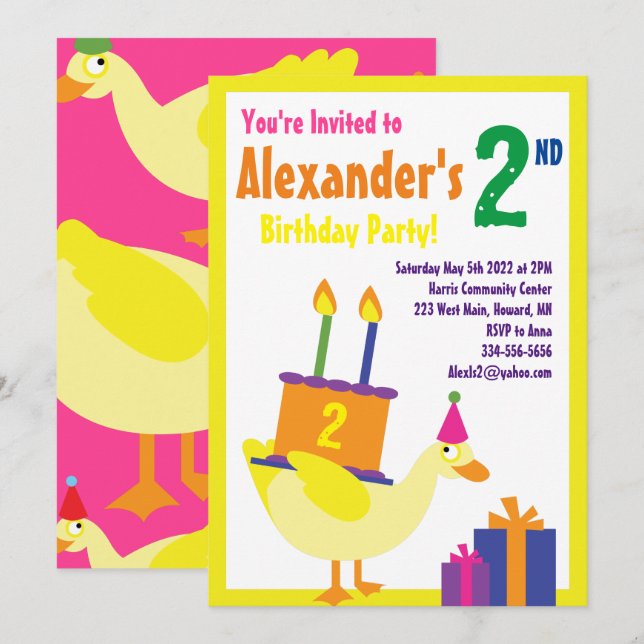 Invitations de fête d'anniversaire de Duck Animal  (Devant / Derrière)