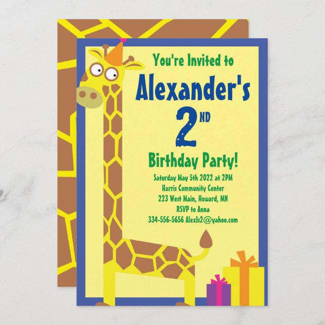 Invitations de fête d'anniversaire de Giraffe Anim (Devant / Derrière)