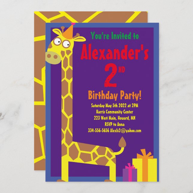 Invitations de fête d'anniversaire de Giraffe Anim (Devant / Derrière)