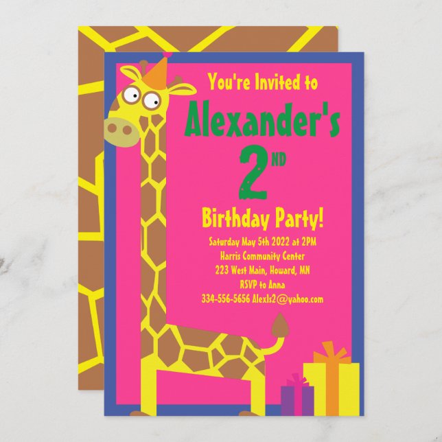 Invitations de fête d'anniversaire de Giraffe Anim (Devant / Derrière)
