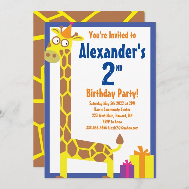 Invitations de fête d'anniversaire de Giraffe Anim (Devant / Derrière)