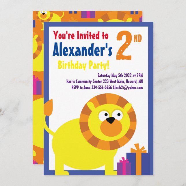 Invitations de fête d'anniversaire de l'animal Lio (Devant / Derrière)
