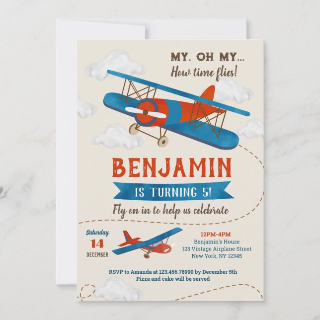 Invitations de fête d'anniversaire de l'avion vint (Devant)