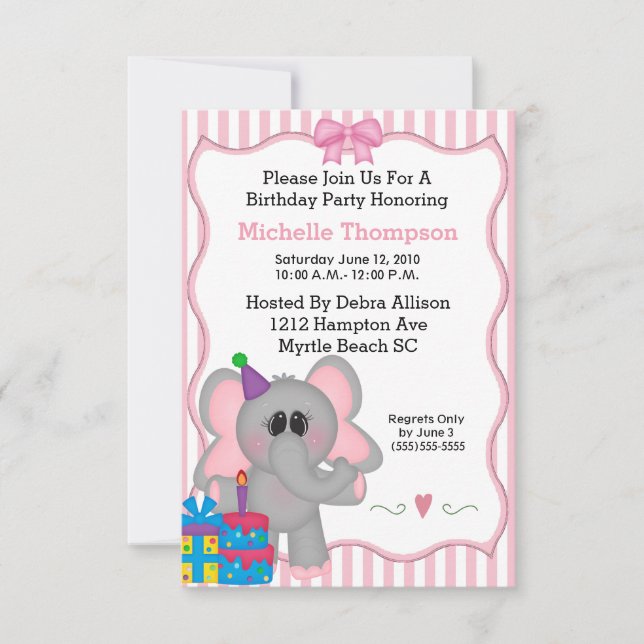 Invitations de fête d'anniversaire de l'éléphant r (Devant)