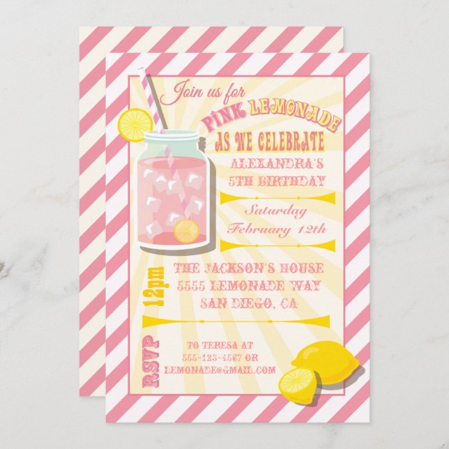 Invitations de fête d'anniversaire de limonade ros (Devant / Derrière)