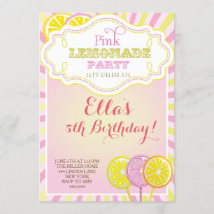Invitations de fête d'anniversaire de limonade ros