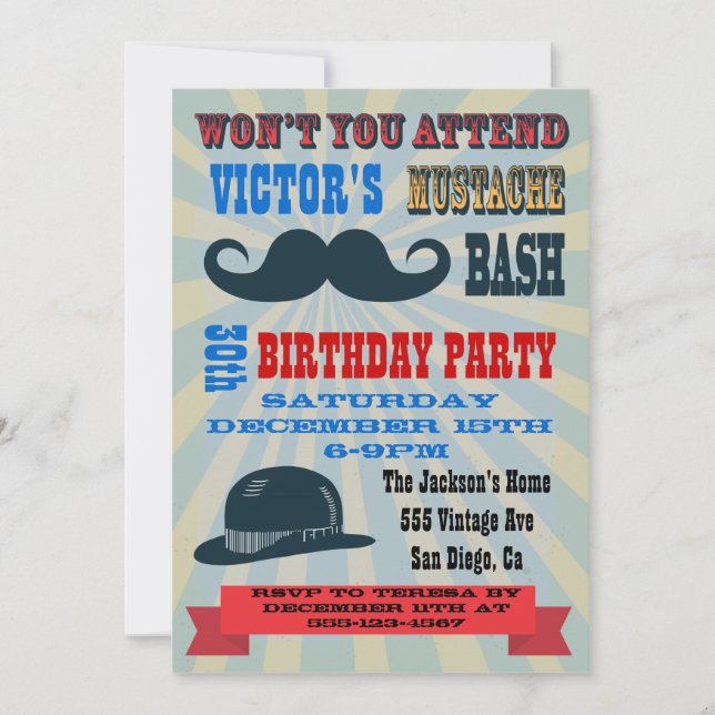 Invitations de fête d'anniversaire de moustache (Devant)