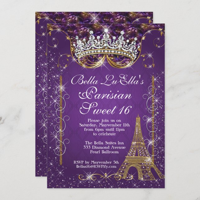 Invitations de fête d'anniversaire de Paris Bling (Devant / Derrière)