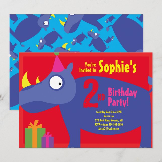 Invitations de fête d'anniversaire de Rhino Animal (Devant / Derrière)