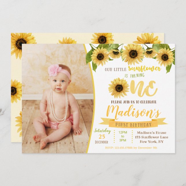 Invitations de fête d'anniversaire de tournesol (Devant / Derrière)