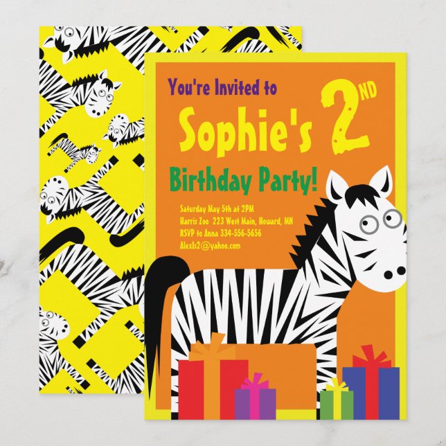Invitations de fête d'anniversaire de Zebra Animal (Devant / Derrière)