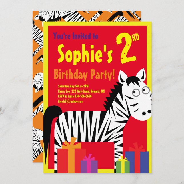 Invitations de fête d'anniversaire de Zebra Animal (Devant / Derrière)
