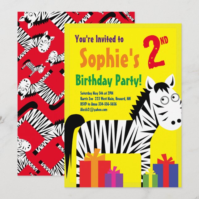 Invitations de fête d'anniversaire de Zebra Animal (Devant / Derrière)