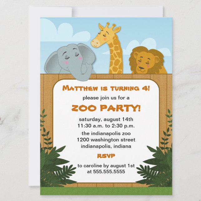 Invitations de fête d'anniversaire de zoo (Devant)