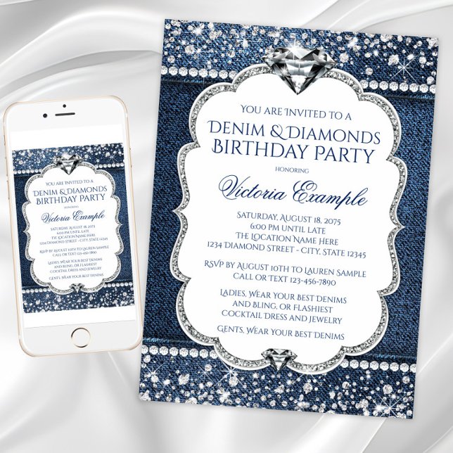 Invitations de fête d'anniversaire Denim et Diamon (Denim diamond birthday invitation. Instant download and printed invitations available.)