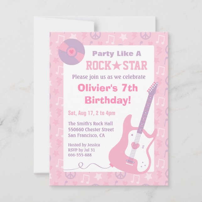 Invitations de fête d'anniversaire des filles rose (Devant)