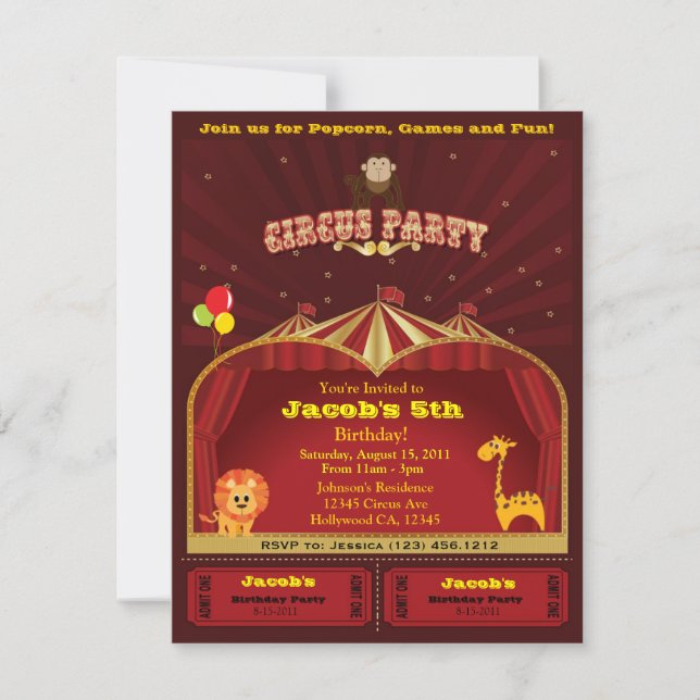 Invitations de fête d'anniversaire du cirque de (Devant)