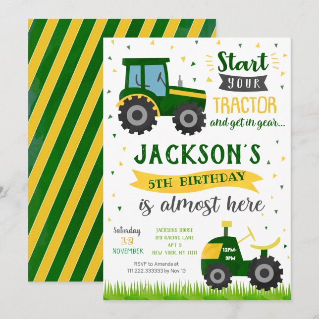 Invitations de fête d'anniversaire du tracteur (Devant / Derrière)