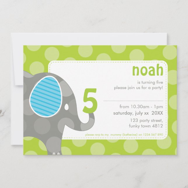 Invitations DE FÊTE D'ANNIVERSAIRE :: éléphant + n (Devant)