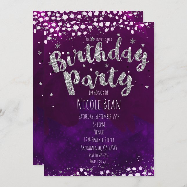 Invitations de fête d'anniversaire violet et argen (Devant / Derrière)