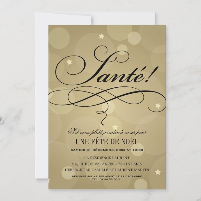 Invitations de Fête de Noël| Champagne Vive Thème (Devant)