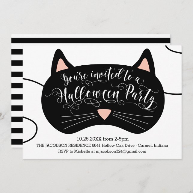 Invitations de fête d'Halloween Masque de chat (Devant / Derrière)