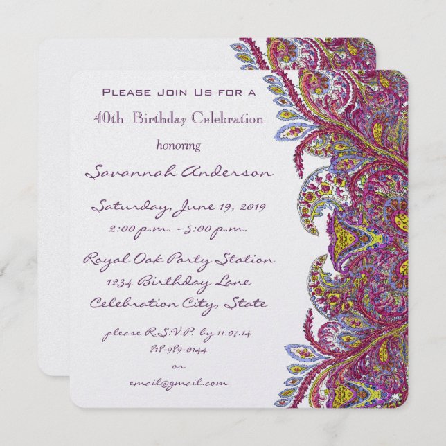 Invitations de fête rose 40e anniversaire (Devant / Derrière)