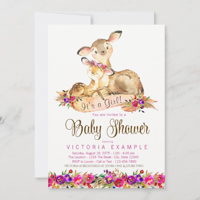 Invitations de filles Deer Baby Shower (Devant)