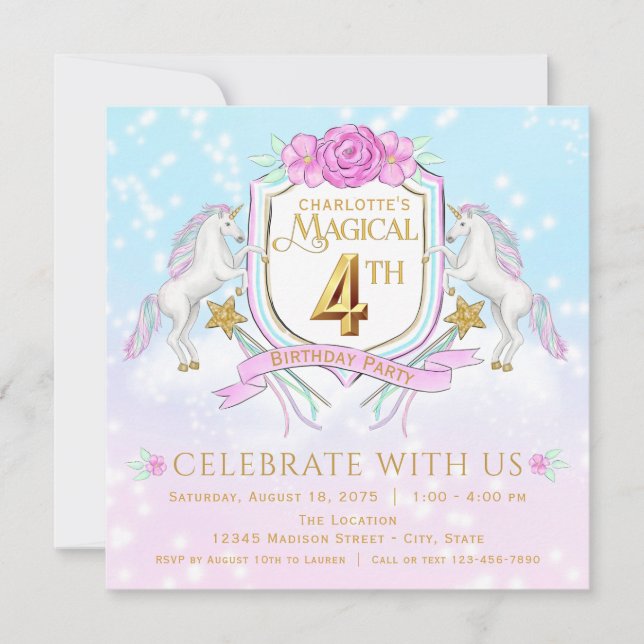 Invitations de Filles Unicorn 4e anniversaire (Devant)