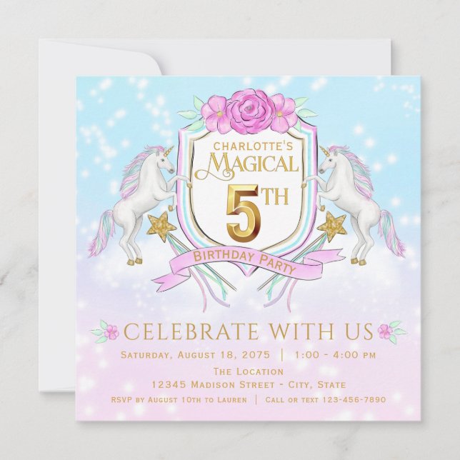 Invitations de Filles Unicorn 5e anniversaire (Devant)