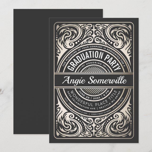 Invitations de fin d'études Gold & Black (Devant / Derrière)