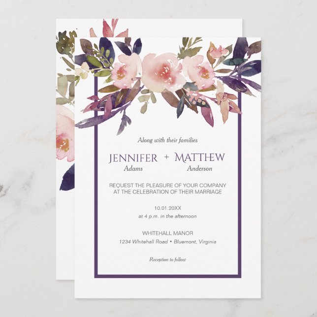 Invitations de fleurs d'aquarelle couleur lavande  (Devant / Derrière)