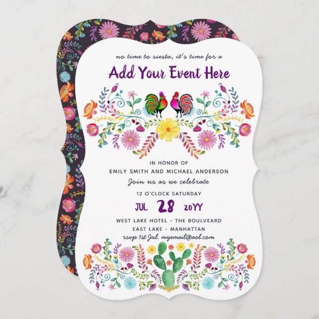Invitations de fleurs folkloriques de Fiesta mexic (Devant / Derrière)