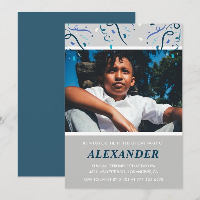 Invitations de garçon 11e anniversaire Confetti Ph (Devant / Derrière)