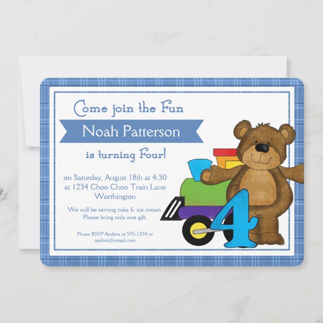 Invitations de garçon 4e anniversaire Teddy Bear T (Devant)