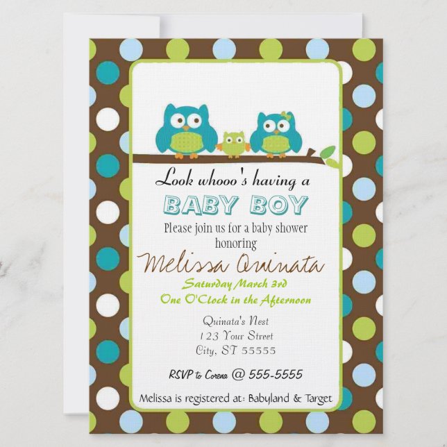 Invitations de GARÇON de baby shower de hibou (Devant)