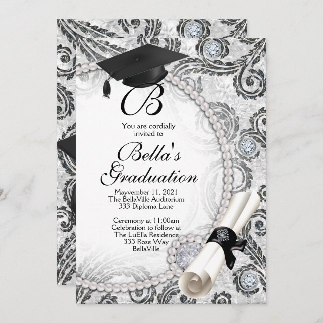 Invitations de graduation Bling Pearl (Devant / Derrière)
