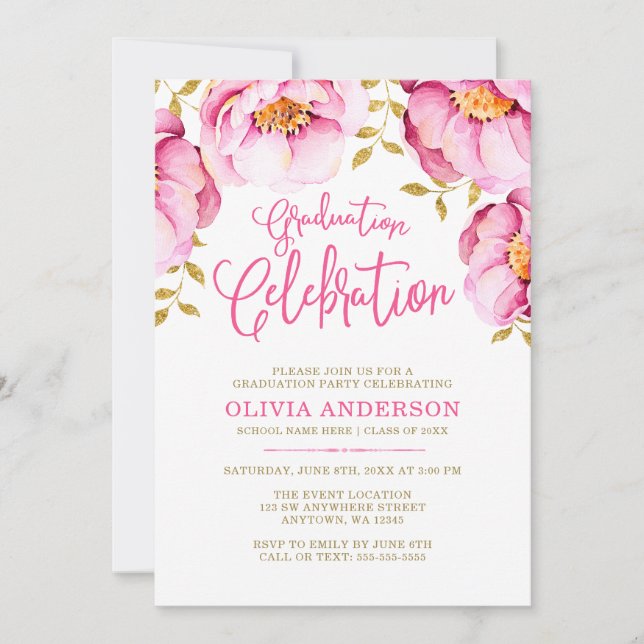 Invitations de graduation Florale d'or rose (Devant)