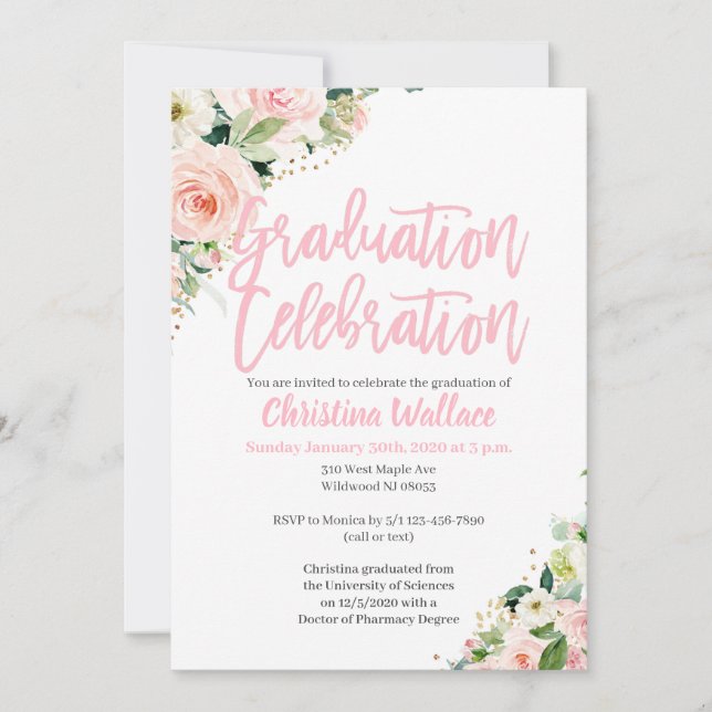 Invitations de graduation florale rose pâle (Devant)