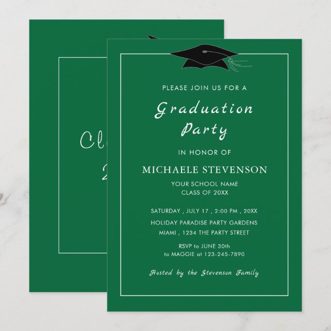 Invitations de graduation verte personnalisées Cho (Devant / Derrière)