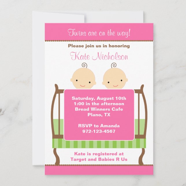 Invitations de jumeaux en cravate rose (Devant)